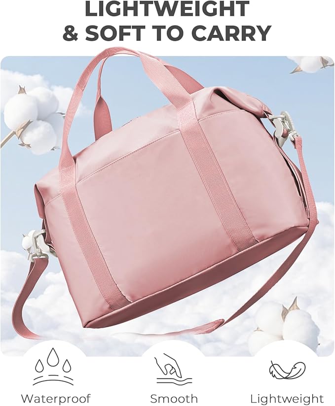 Percover Weekender Travel Duffel Bag for Women, Lightweight Soft-Structure 33L Carry-On, Water-Resistant Nylon with Shoulder Strap & Trolley Sleeve, Personal Item Friendly, Blush Pink