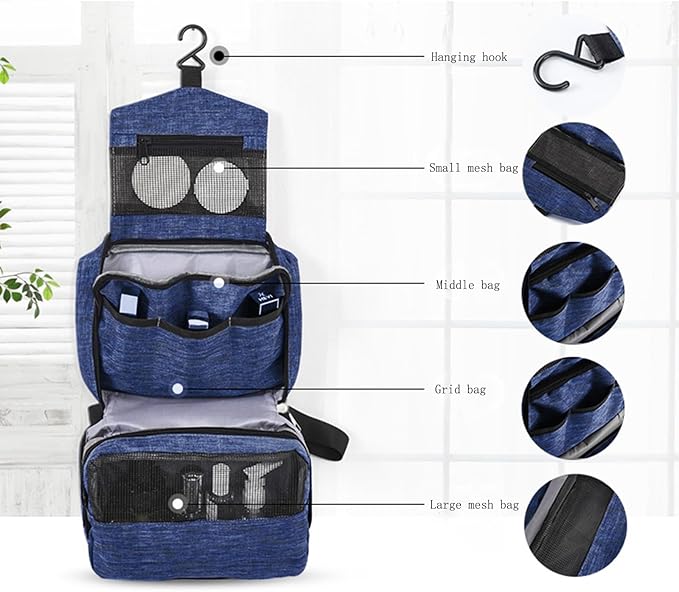 Travel toilet bag is used to store toiletries, Suitable for short-term travel use hanging toilet bag (Navy blue)