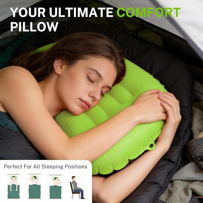 Camping Pillow-Compressible, Ultralight Inflatable,Compact, Comfortable, Ergonomic Inflating Pillows for Neck & Lumbar Support While Camp, Hiking(Green,with Anti Slip Straps)