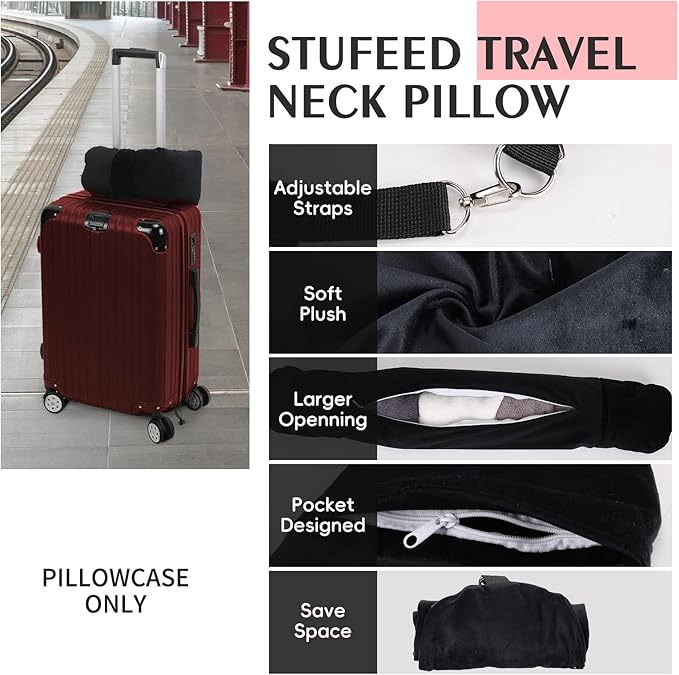 Stuffable Travel Pillow, Stuffable Neck Pillow for Travel, Neck Pillow Stuffed with Clothes Storage - No Extra Baggage Fees, Fits 5+ Days of Travel Essentials, No Filler (Black)