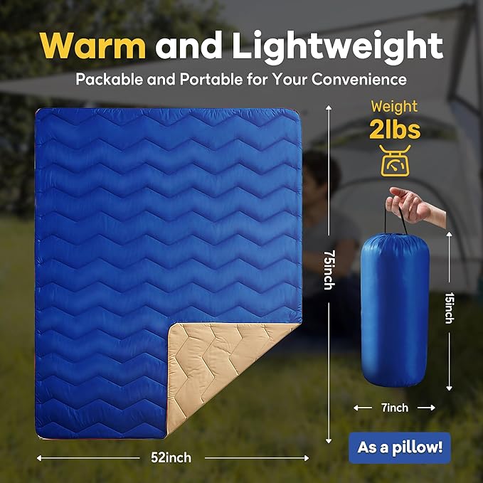 UNIKOME Waterproof Puffy Camping Blanket - Lightweight Packable Outdoor Quilt with Corner Loops, Warm Compact Blanket for Cold Weather Hiking Picnic Stadium Travel, 75"×52", Blue