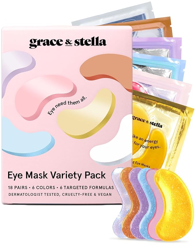 grace & stella Under Eye Mask Variety Pack - 18 Pairs of Under Eye Patches for Dark Circles - With 6 Colors (3 Pairs/Color) - Gifts for Women - Gel Masks Puffy Eyes for Women, Vegan