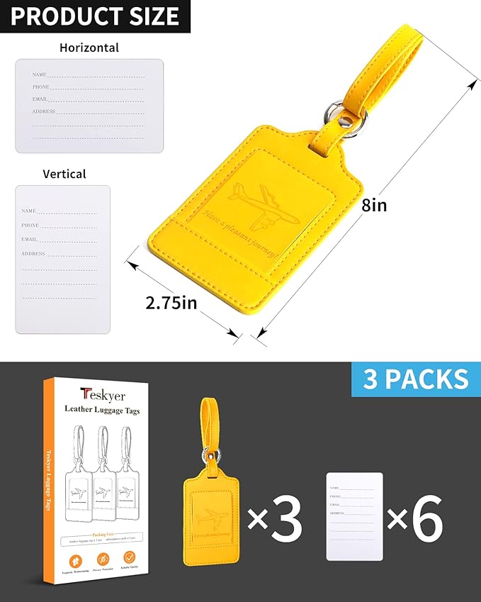 3 Pack Luggage Tags - Quick Install, Privacy Protection, Airplane Travel Essentials for Suitcases, Durable Leather - Yellow