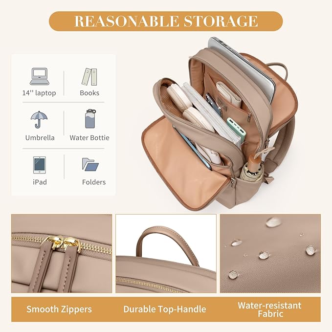 GOLF SUPAGS Women Laptop Backpack Casual Daypack for Work Travel College Backpack Purse Fits 14 Inch Notebook (Champagne)