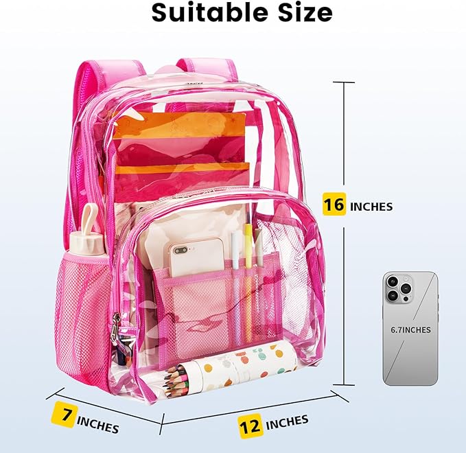 Vorspack Clear Backpack Heavy Duty PVC Transparent Backpack with Reinforced Strap Stitches & Large Capacity for College Workplace Security - Pink