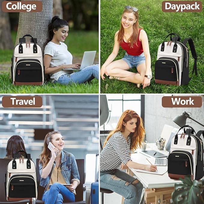 Laptop Backpack for Women Bag - 15.6 inch Work Bags with USB Charger College Bookbag Business Computer Backpack Purse Beige Black Brown