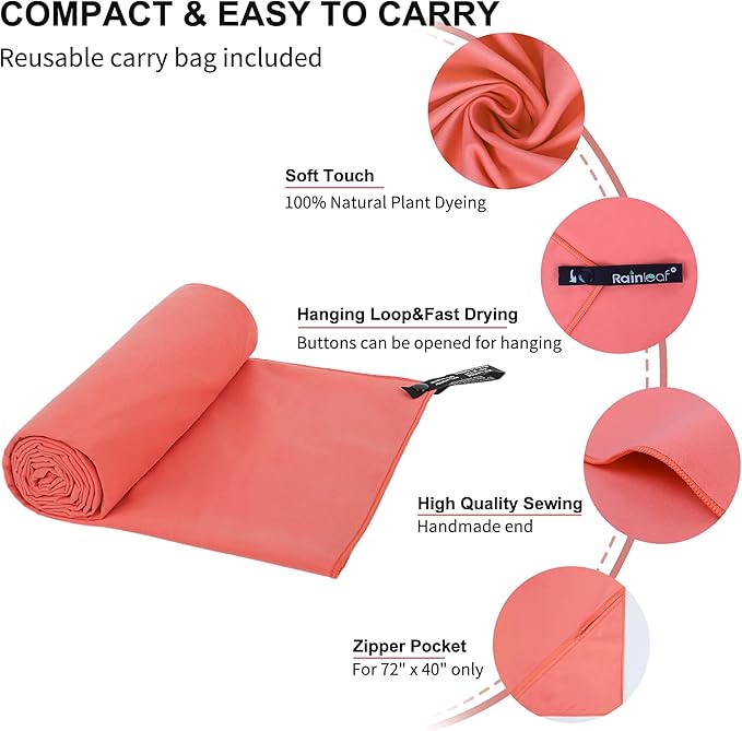 Rainleaf Microfiber Towel Perfect Travel & Gym & Camping Towel. Quick Dry - Super Absorbent - Ultra Compact - Lightweight. Suitable for Trip, Beach, Shower, Backpacking, Pool