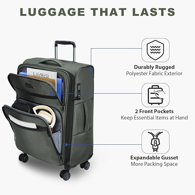 KROSER Softside Expandable checked Luggage with Front Business Pockets，24 Inch Suitcases with Spinner Wheels & Built-in TSA Lock, Durable Suitcase Rolling Luggage, Army Green