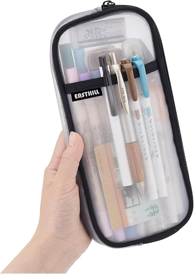 EASTHILL Grid Mesh Pen Pencil Case with Zipper Clear Makeup Color Pouch Cosmetics Bag Multi-Purpose Travel School Teen Girls and Boys Transparent Stationary Bag Office Organizer Box for Adluts(White