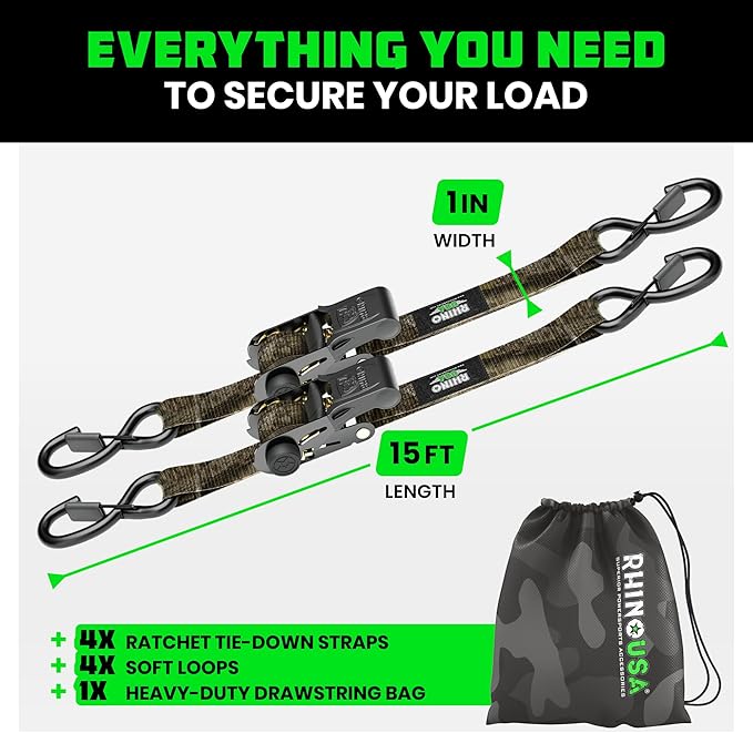 Rhino USA x Realtree Ratchet Straps Tie Downs (4PK) - 1" x15' (1,823lb Break Strength) - Ultimate Tie Down Straps with Safety S Hooks - for Trucks, Cargo, Moving, Appliances- Realtree APX Camo
