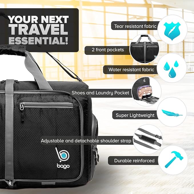 Bago Compact Duffle Bag for Travel Women & Men. Durable Lightweight Foldable Travel Duffel Bags For Traveling Women. 40L Duffle Bags a Reliable Weekender duffel or Overnight Bag With Shoe Compartment