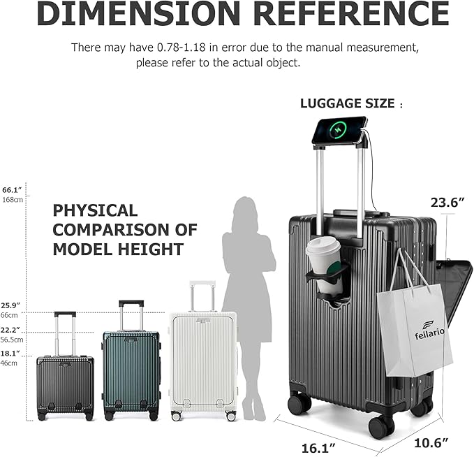 feilario Aluminium Frame PC Hard Shell Spinner Wheels Luggage,22.5"X15"X9.5" Airline Approved Built-In TSA lock Carry on Suitcase, with Cup Holder, USB Port, Phone Holder