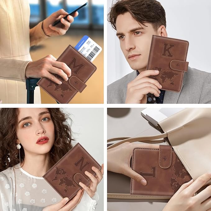 Passport Holder Wallet Cover Personalized Letter A-Z Travel Wallet RFID Blocking Passport Cover Wallet Case for Travel Passport Book Holders for Women and Men, Brown-L