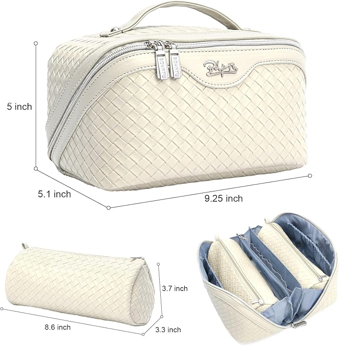 BOYATU Travel Makeup Bag Cosmetic Bags for Women: Large Capacity 3 Pcs Set Make up Bag with Compartments - Waterproof Vegan Leather Toiletry Organizer Bags with Handle (L09 Beige)