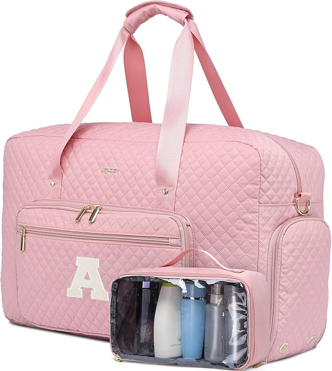 Initial Travel Duffle Bags for Women - Personalized Weekender Bag with Shoe Compartment Overnight Bags with Toiletry Bag Hospital Bag for Women Birthday Gifts for Mom Wife Friends Pink (Letter A)