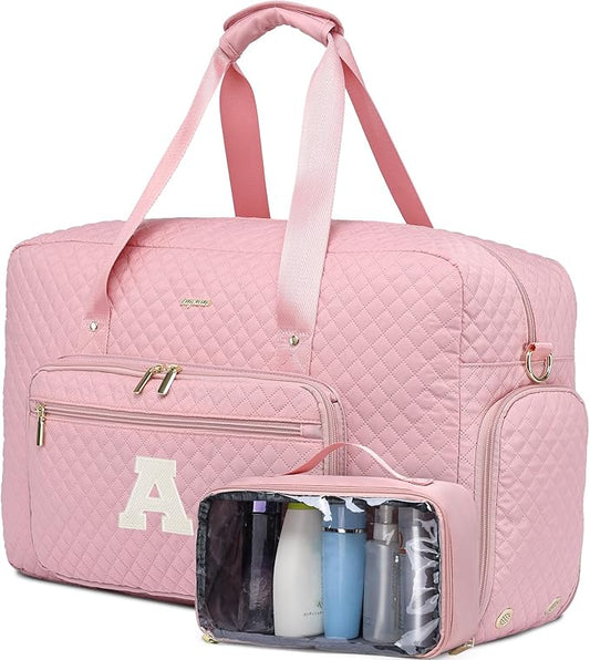 Initial Travel Duffle Bags for Women - Personalized Weekender Bag with Shoe Compartment Overnight Bags with Toiletry Bag Hospital Bag for Women Birthday Gifts for Mom Wife Friends Pink (Letter A)