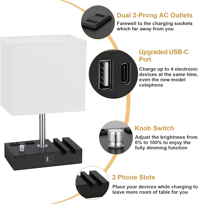 White Table Lamp for Bedroom - Stepless Dimmable, USB C+A, 2 AC Outlets | Dimming By Rotary Knob, USB C+A Ports, 2 Phone Stands, LED Bulbs Included, Rectangle White Lampshade, for Living Room, Desk