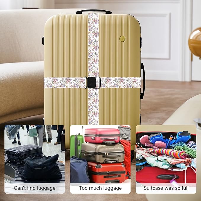 Luggage Straps for Suitcases, Travel Adjustable Belt with Quick Release Buckle, Heavy Duty Nylon Bag Packing Strap, Unique Bright Identifiers Business Travel Accessories (2 Pack) - Purple Flowers