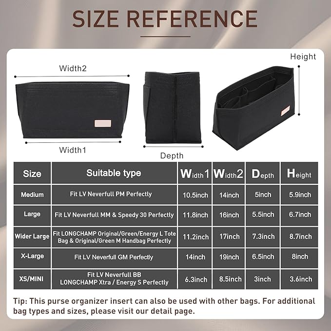 Doxo Purse Organizer Insert Handbag Tote Felt Bag Fit L Neverfull GM & Base Shaper 2pc Set (X-Large, Black-Combination)