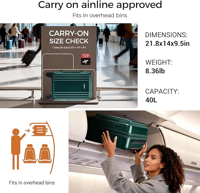 Carry On Luggage Top Opening with Cup Holder & Phone Holder, Expandable PC Hard Shell Suitcase, USB Charging Port, Side Hook, 360° Spinner Wheels, TSA Lock & YKK Zippers for Women Man Gifts