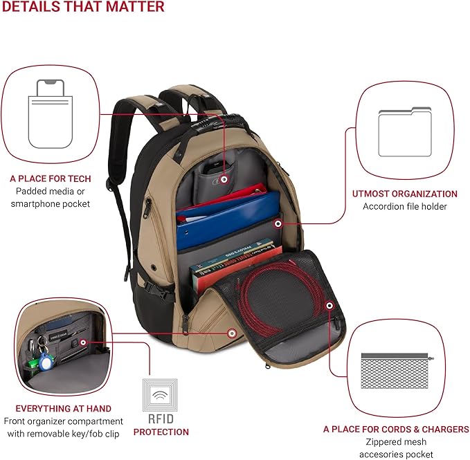 SWISSGEAR 1900 ScanSmart TSA Laptop Backpack Fits 17 Inch Laptop with RFID Protection and Tablet Pocket, Pastel Brown, 19-Inch