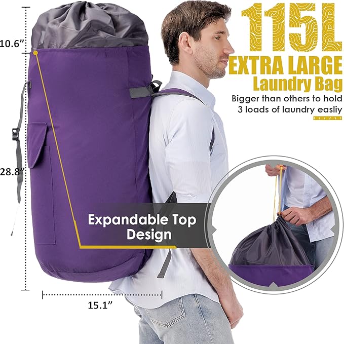 Backpack Laundry Bag, 115L Heavy Duty Extra Large College Laundry Backpack, Dirty Clothes Bag with Shoulder Straps, Laundry Hamper Bag with Drawstring Closure for College Dorm, Apartment Purple
