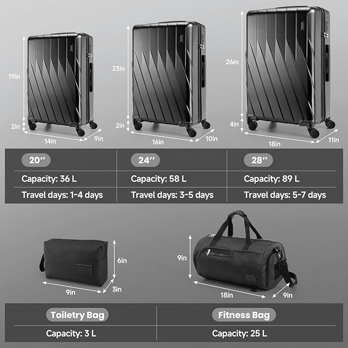 Hoteel Luggage Sets 5 Piece PC Hardside, 4-Year Warranty, Luggage Set with Spinner Wheels, TSA Lock, YKK Zipper, Lightweight Carry on Luggage, 20"/24"/28" Suitcase with Duffel & Organizer, Black