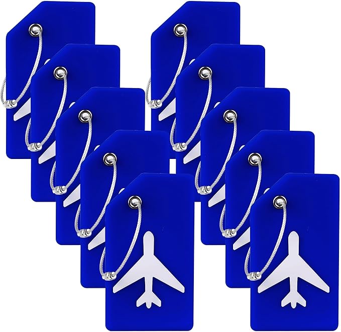 10 Pack Silicone Luggage Tag for Suitcases with Stainless Loop, TSA Approved, Privacy Protection Travel Essentials Bag Tags by Gostwo, Blue