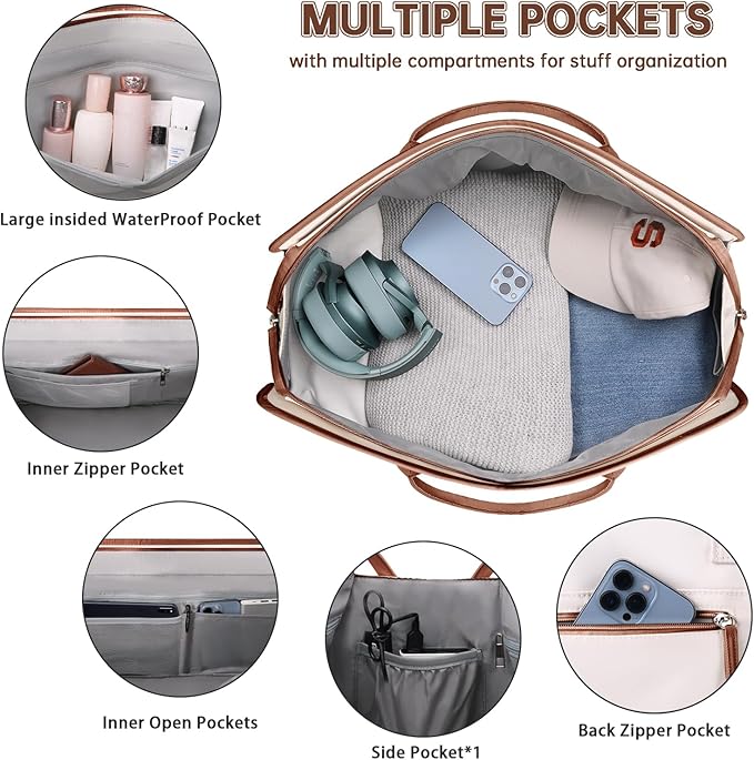 ETRONIK Weekender Overnight Bag for Women, Large Travel Duffle Bag with Shoe Compartment & Wet Pocket, Carry On Tote Bag Gym Duffel Bag with Toiletry Bag for Hospital 4 Pcs Set, XL Size, Beige-Brown