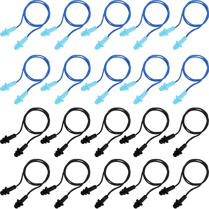 Bememo 20 Pairs Corded Ear Plugs Reusable Silicone Earplugs with String Shooting Range Swimming Noise Cancelling Reduction Hearing Protection for Sleep Work Construction