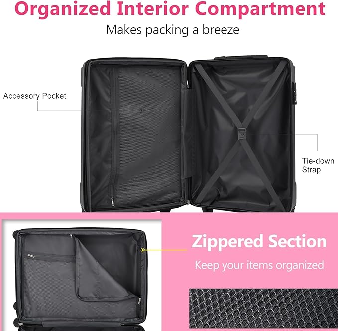 28 Inch Checked-Large Luggage, Lightweight ABS Hard Shell Suitcase with Spinner Wheels, Expandable Travel Luggage with Combination Lock & Side Hooks for Men Women (Pink., 24)
