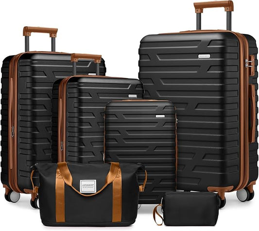 Black 6 Piece Luggage Set Hard Shell - Expandable Suitcases with Spinner Wheels and Duffel Bags for Family Travel, Durable Carry On Luggage Sets with Lock for Women and Men