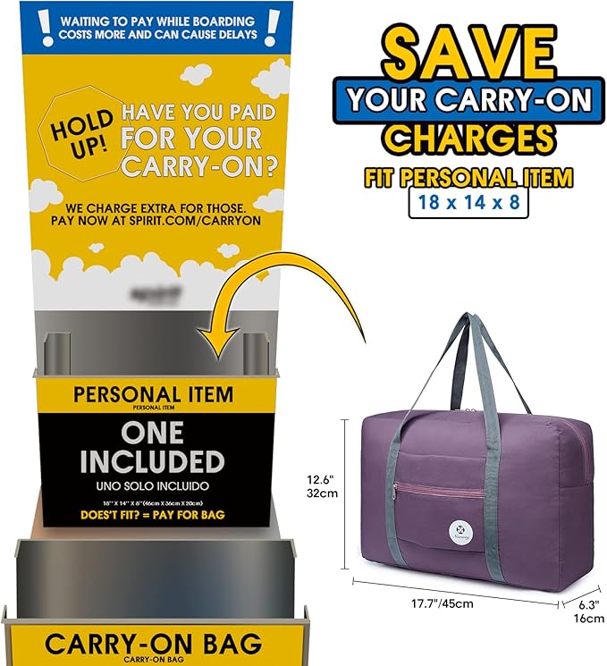 For Spirit Airlines Personal Item Bag 18x14x8 Foldable Travel Duffel Bag Tote Carry on Luggage Duffle Overnight for Women and Men