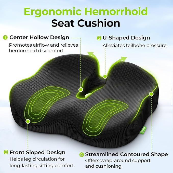AUVON Ergonomic Donut Pillow Seat Cushion for Hemorrhoid & Tailbone Pain Relief, Thick Memory Foam Chair Cushion with Firm Support for Coccyx, Sciatica, Pressure Sores, Pregnancy, Postpartum Recovery