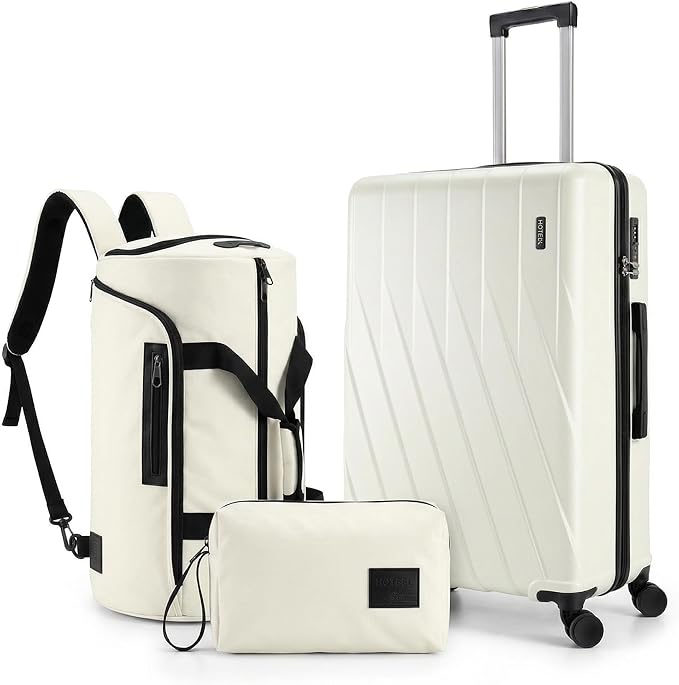 Hoteel Luggage Sets 3 Piece PC Hardside, 4-Year Warranty, Luggage Set with Spinner Wheels, TSA Lock, YKK Zipper, Lightweight Carry on Luggage, 20" Suitcase with Fitness Duffel & Organizer, Beige