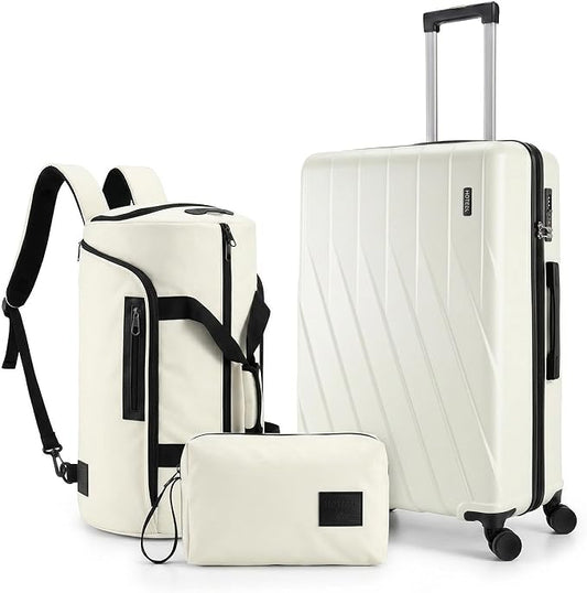 Hoteel Luggage Sets 3 Piece PC Hardside, 4-Year Warranty, Luggage Set with Spinner Wheels, TSA Lock, YKK Zipper, Lightweight Carry on Luggage, 20" Suitcase with Fitness Duffel & Organizer, Beige