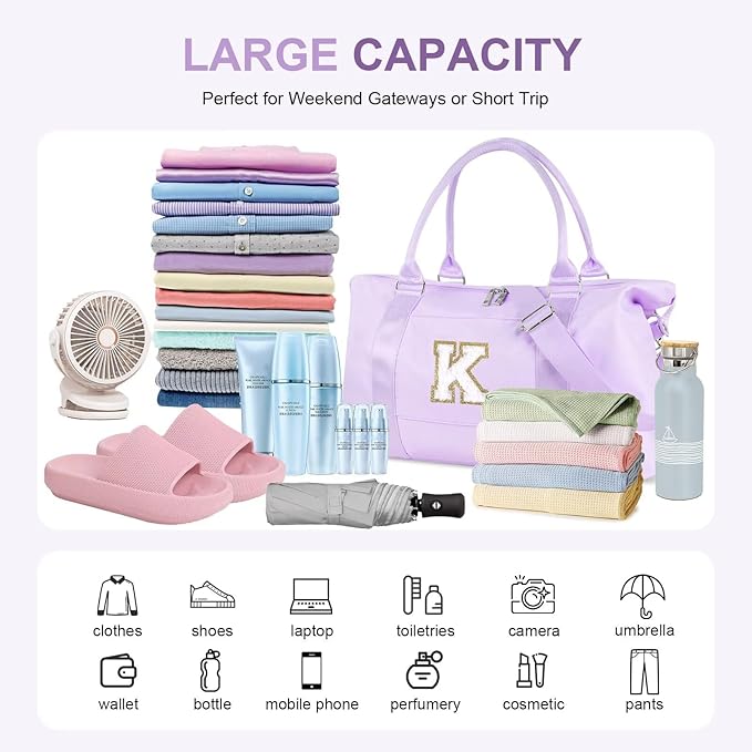 Dance Gym Duffel Bag for Teen Girls, Personalized Initial Travel Weekender Bag,Cute Overnight Carry On Duffle for Women,Sports Travel Cheer Bag,Monogram Christmas Gifts for Tween Preppy(purple-K)