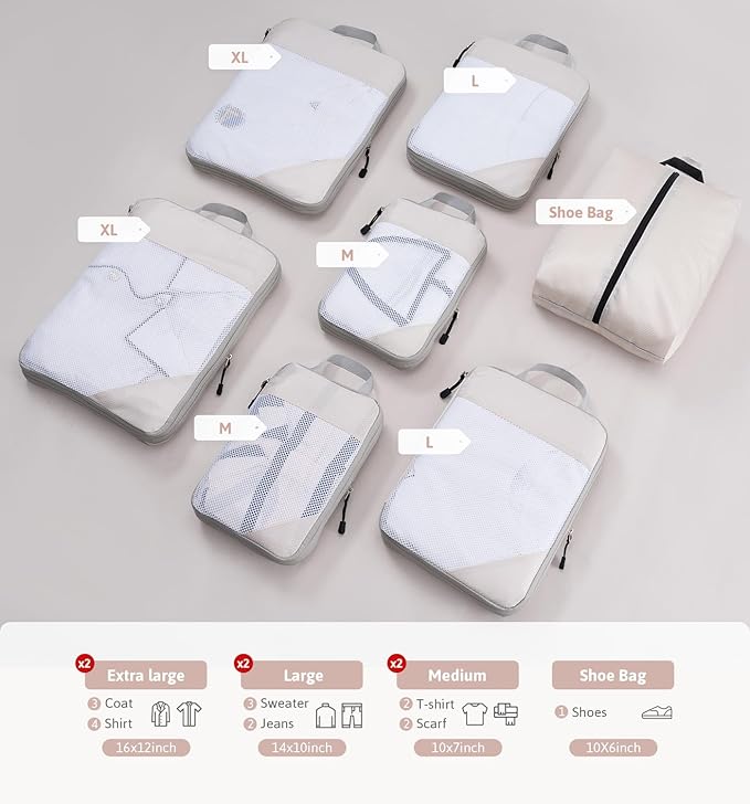 Meowoo 7 Set Compression Packing Cubes for Travel, Durable Ripstop Mesh Suitcase Organizer with Shoe Bag, Ultralight & Expandable Space Saver Travel Cubes