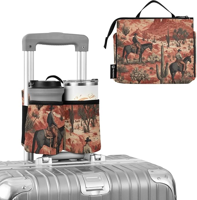 Luggage Cup Holder for Suitcases Free Hands Travel Cup Holder Portable Suitcase Cup Drink Holder Luggage Cup Caddy Bag Carrier Cowboys Horses Cactus Desert