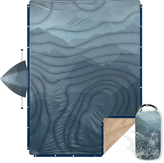 Outdoor Camping Blanket with Sherpa Lining, Extra Warm Thick Camp Blankets and Puffy Ultralight Soft Poncho DWR Camping Quilt for Cold Weather, Adventure, Sleeping, Backpacking 78"x 56"