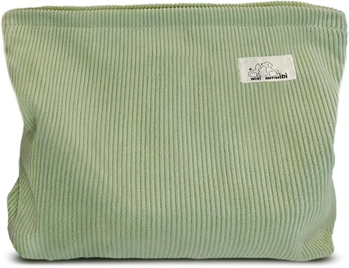 HAPPYHEIDI Fresh Green Corduroy Makeup Bag with Compartment Cosmetic Toiletry Travel Pouch, Make Up Accessory Purse Organizer, Canvas Lined