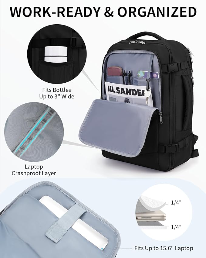 ECOHUB 17" Small Unisex Travel Backpack United Airline Approved 17x10x9 Friendly Suitcase Anti-Theft Lockable Zippers Style Personal Item Bag Travel Essentials with 12 Pockets Water Resistant, Black