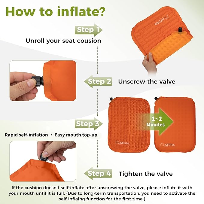 ATEPA Inflatable Seat Cushion, Self-Inflating Portable Stadium Airplane Travel Foam Cushion Pad for Camping, Sports Events, Outdoor