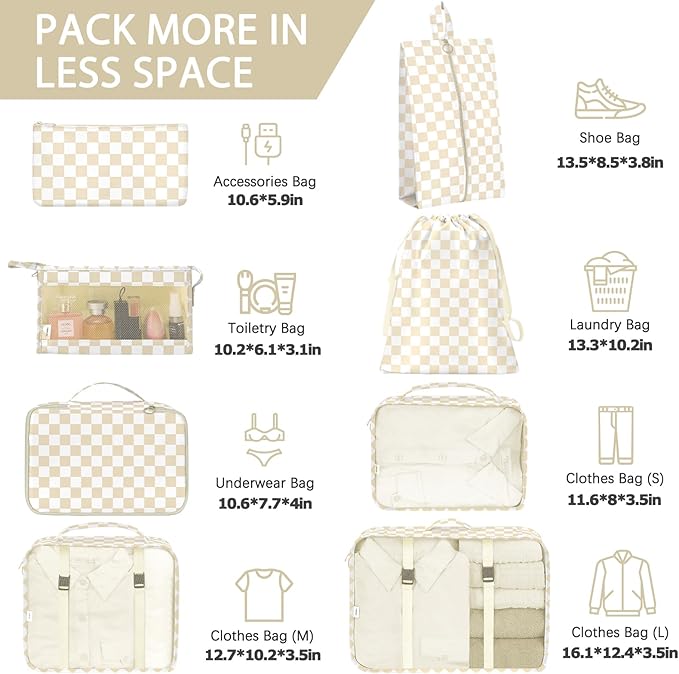 8 Set Packing Cubes for Travel, Luggage Packing Organizers Accessories Large Toiletries Bag for Clothes Shoes Cosmetics (Khaki Checkered)