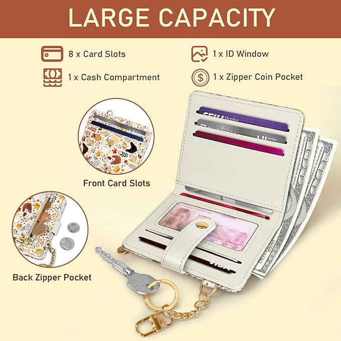 Jogjam Chicken Mushroom Leaves Rfid Women Wallet, Small Slim Thin Compact Credit Card Wallet, PU Leather Bifold Cash Wallet, Zipper Coin Pocket ID Window, Female Ladies Holiday Gifts