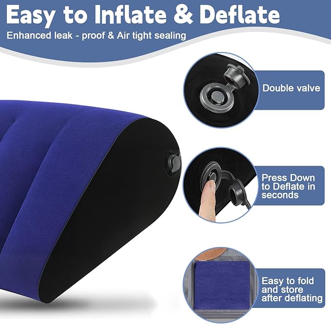TheClover Inflatable Wedge Pillow Travel Cushion - Travel Wedge Pillow with Eye Mask,Adjustable Bed Wedge for Acid Reflux,Camping, Car, Office,Airplane (Blue)