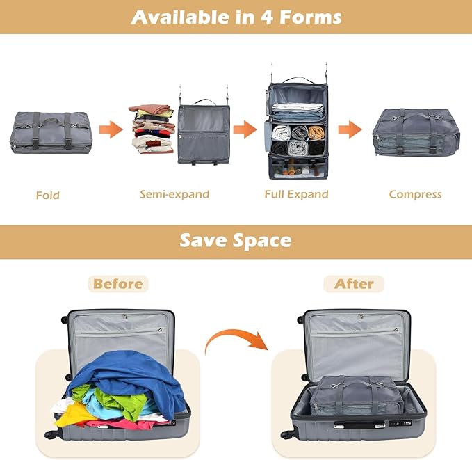 Surblue Hanging Travel Shelves Compression Packing Cube for Carry-on Luggage Suitcase Collapsible with Extension Layer Large Capacity, Grey, XXL