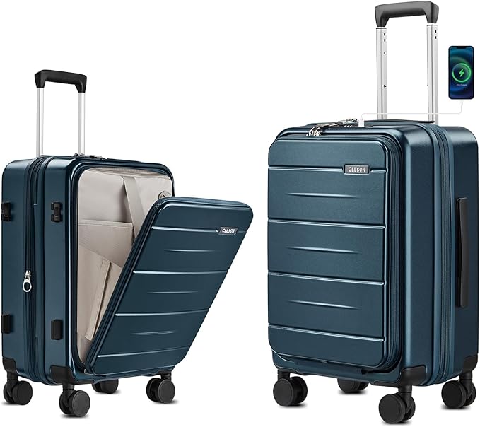 Carry On Luggage with Top Opening, Expandable with Front Pocket and USB Charging Port, Lightweight with front compartment Rolling Suitcases with Spinner Wheels (Navy, 20 Inch)