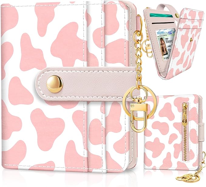 Jogjam Pink Cow Print Rfid Women Wallet, Small Slim Thin Credit Card Wallet, PU Leather Bifold Cash Zipper Coin Pocket ID Window for Female Ladies Teen Girls Girly
