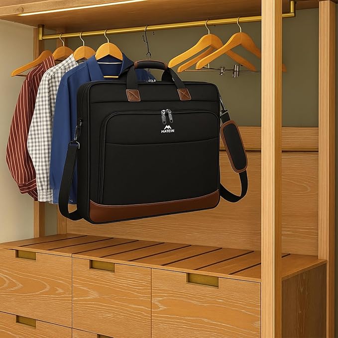 MATEIN Suit Garment Bag for Travel, Large Garment Bags for Hanging Clothes Travel, Foldable Suit Carrier with Shoulder Strap For Business, Premium 2 in 1 Hanging Suitcase Luggage, Black Brown